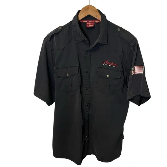 BF1346 Indian Motorcycle Shirt Mens Large Black Work Button Up Since 1901 Logo - Picture 2 of 5